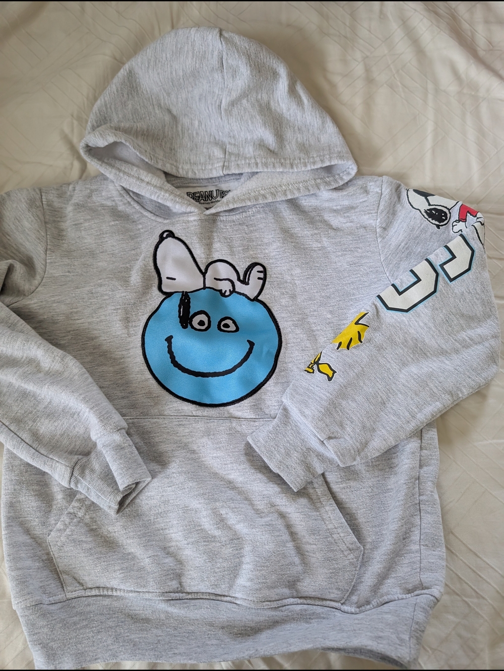 Peanuts Kids Light Gray Hoodie with Blue Smile Snoopy Graphic